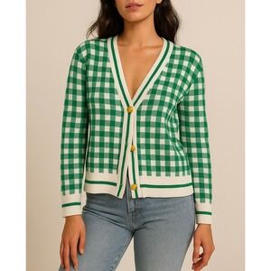 Marled Green Checkered Cardigan – Retro Gingham Knit, Preppy Cottagecore Style L